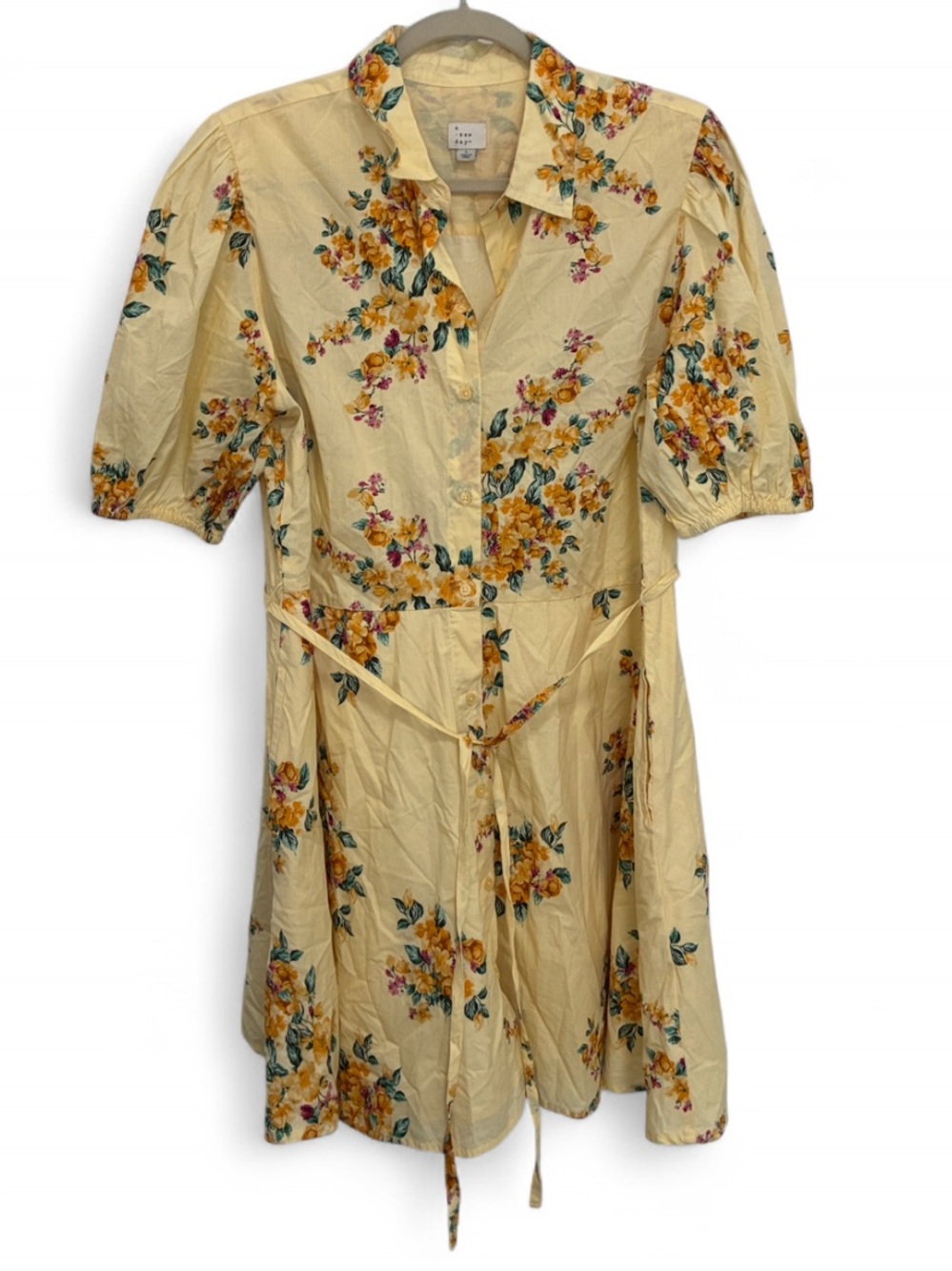 A New Day Yellow Floral Button-Front Short Sleeve Mini Dress